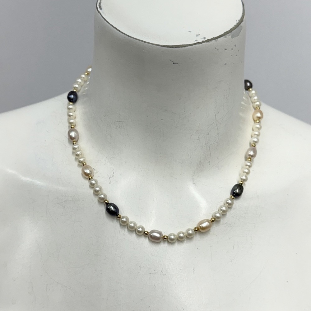 Vintage 14K Gold Freshwater Pearl & White and Dark Gray Baroque Pearls Necklace